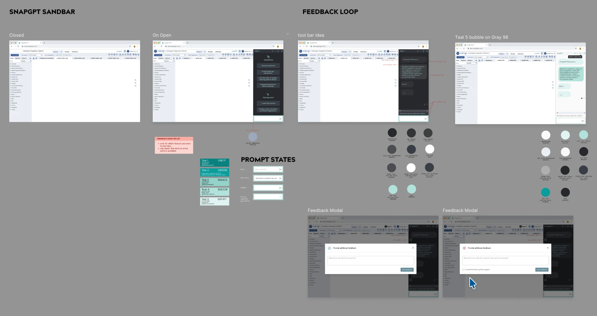 Early SnapGPT exploration board: closed and open sandbar states, a toolbar variant, the teal color ramp, prompt input states, and the feedback modal