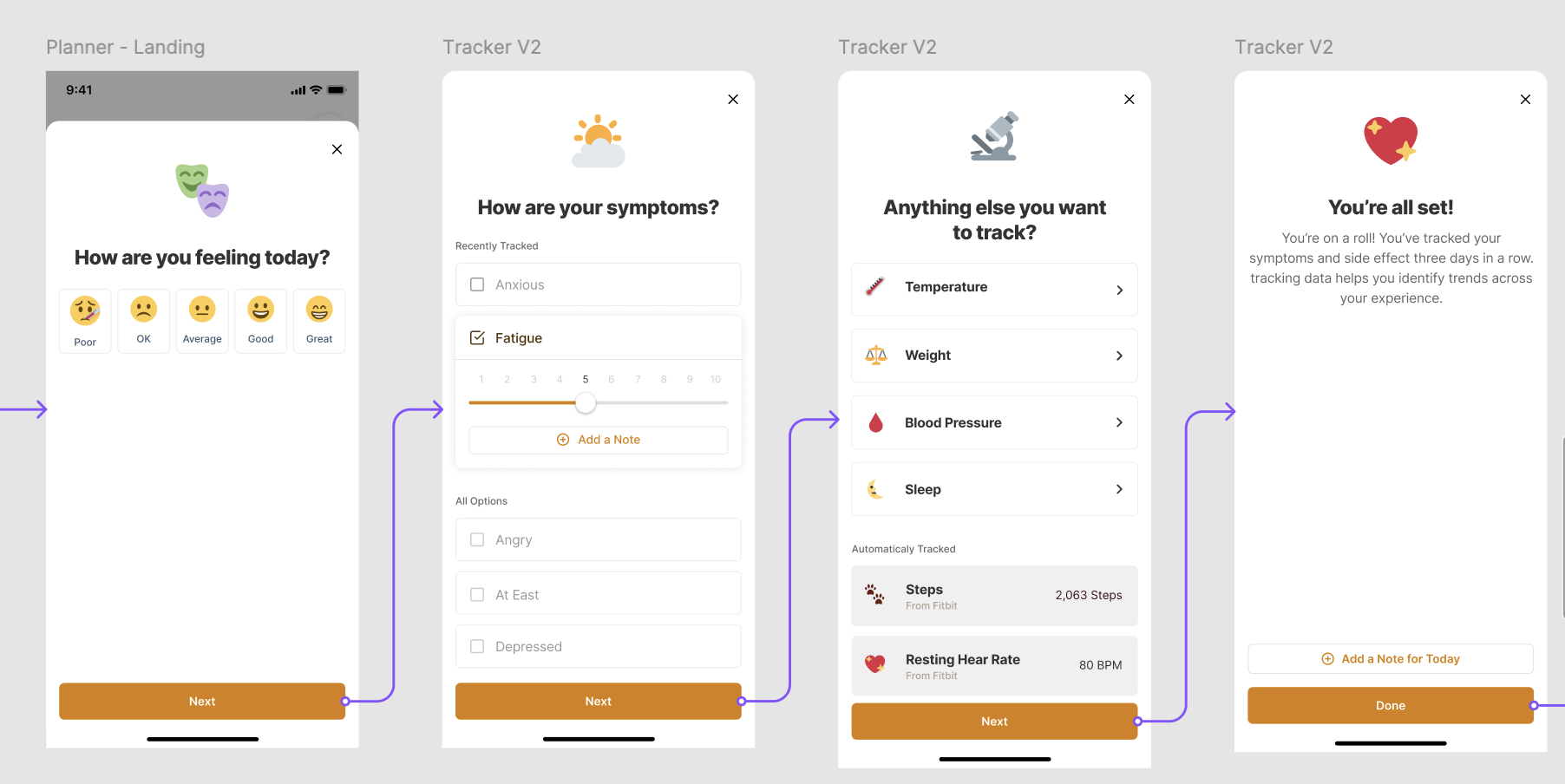 MSK daily health tracker — symptom logging and vitals flow