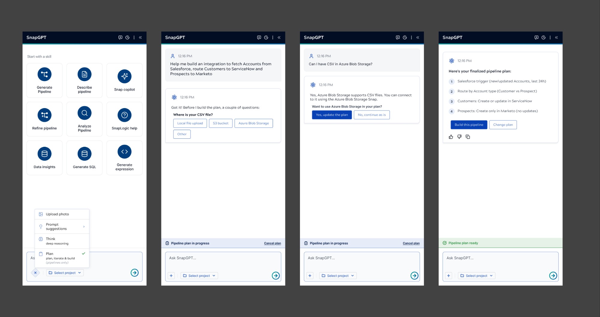 SnapGPT — skill selection and pipeline planning flow